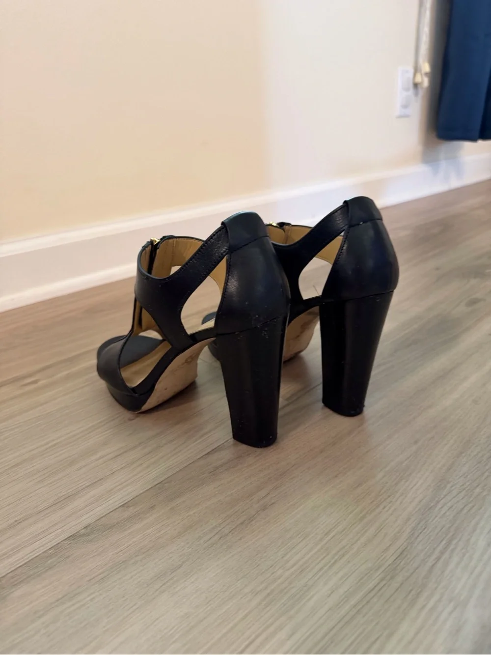 Michael Kors Black Leather T-Strap Platform Heels with Gold Zipper Accent